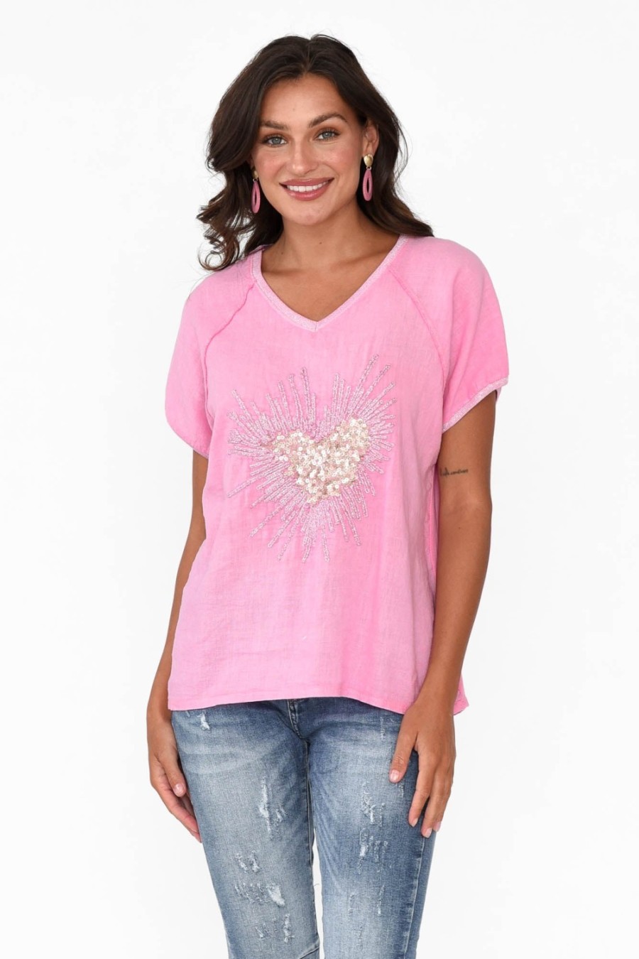 Clothing Fabuler Linen Tops | Candela Pink Sequin Heart Linen Top