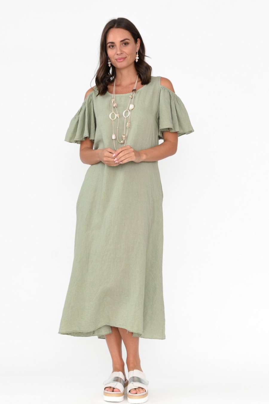 Clothing La Strada Linen Dresses | Mabrie Khaki Linen Cold Shoulder Dress