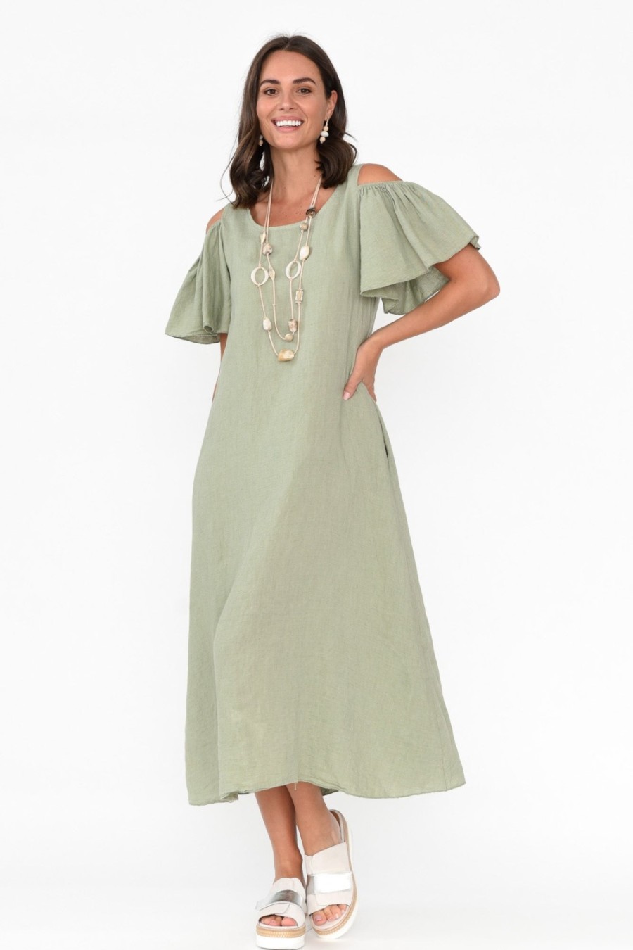 Clothing La Strada Linen Dresses | Mabrie Khaki Linen Cold Shoulder Dress