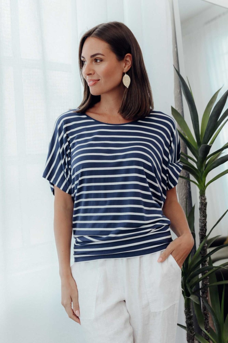 Clothing Betty Basics Sleeved Tops | Navy Parisian Stripe Maui Tee