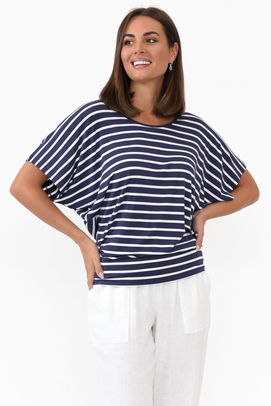 Clothing Betty Basics Sleeved Tops | Navy Parisian Stripe Maui Tee