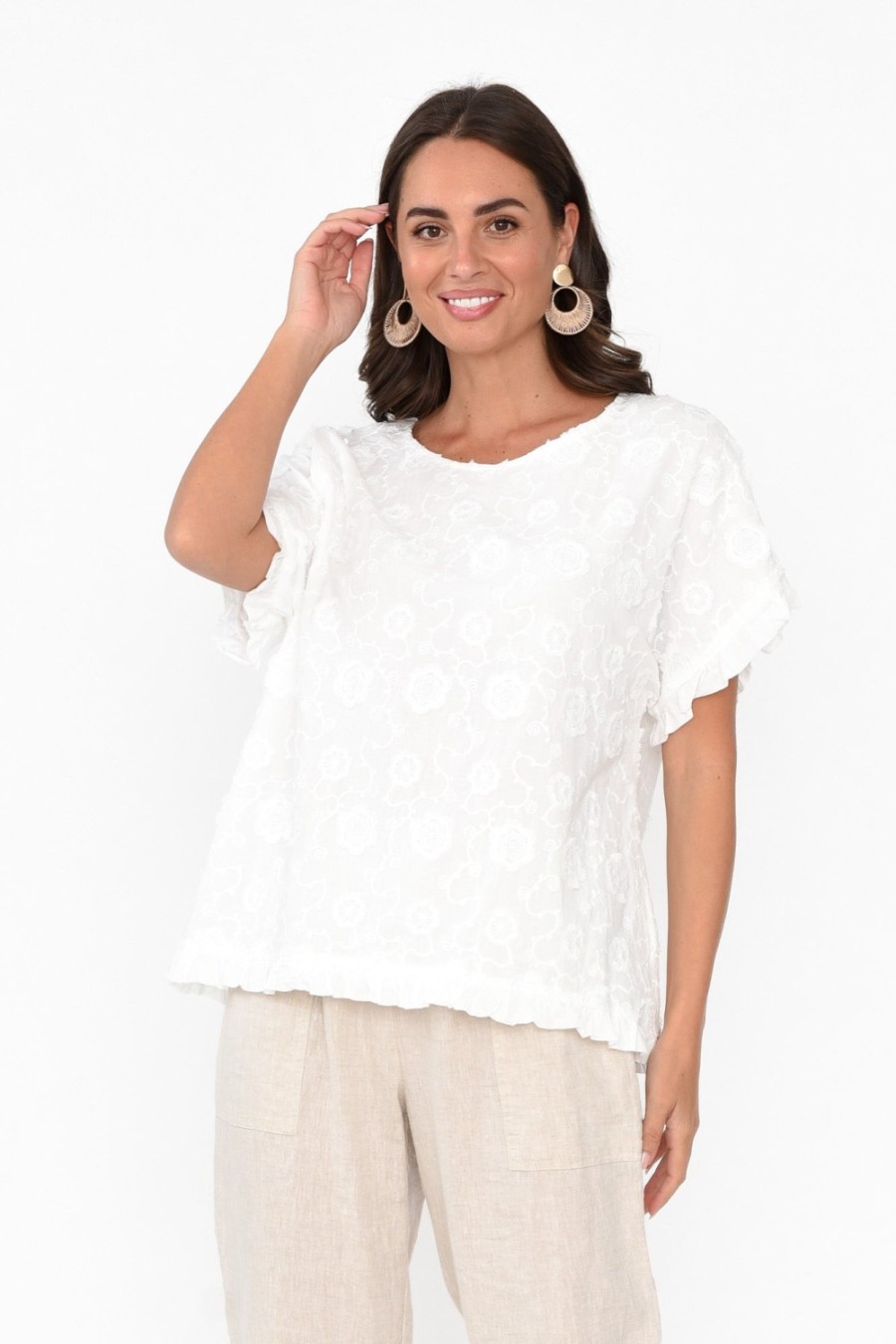 Clothing Cafe Latte Cotton Tops | Kaida Cream Floral Embroidered Cotton Top