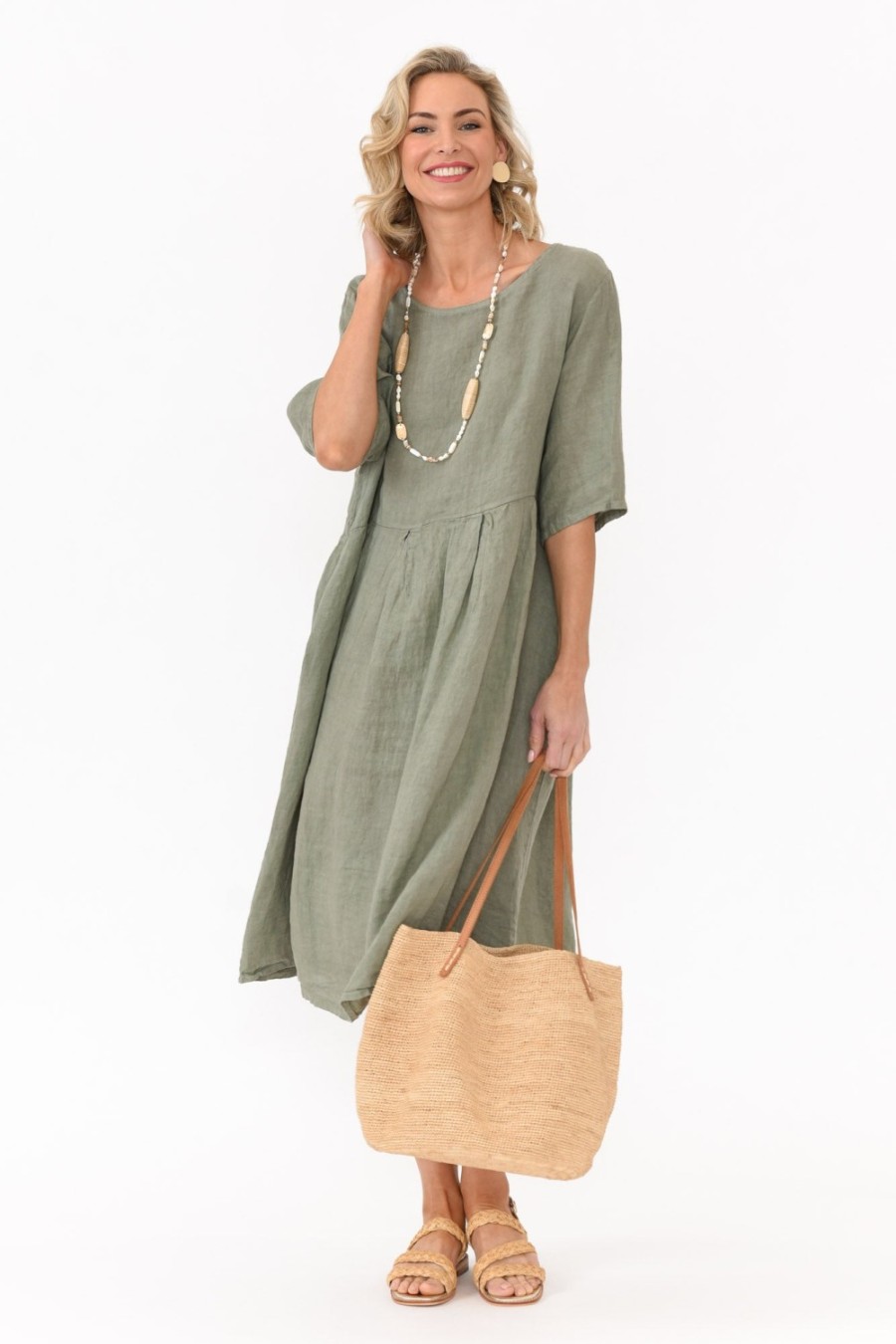 Clothing Donna Donna Linen Dresses | Dexter Khaki Linen Swing Dress