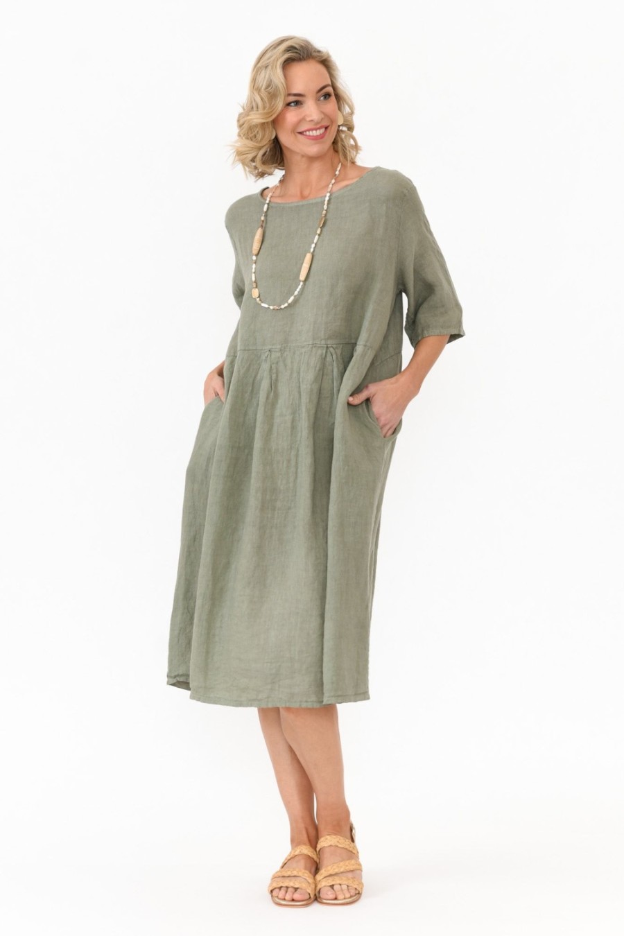 Clothing Donna Donna Linen Dresses | Dexter Khaki Linen Swing Dress