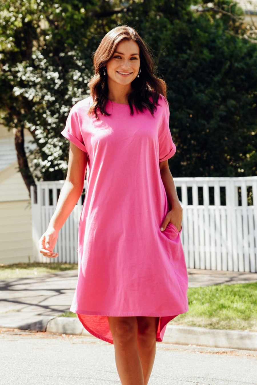 Clothing Betty Basics Cotton Dresses | Maxine Hot Pink Cotton T-Shirt Dress