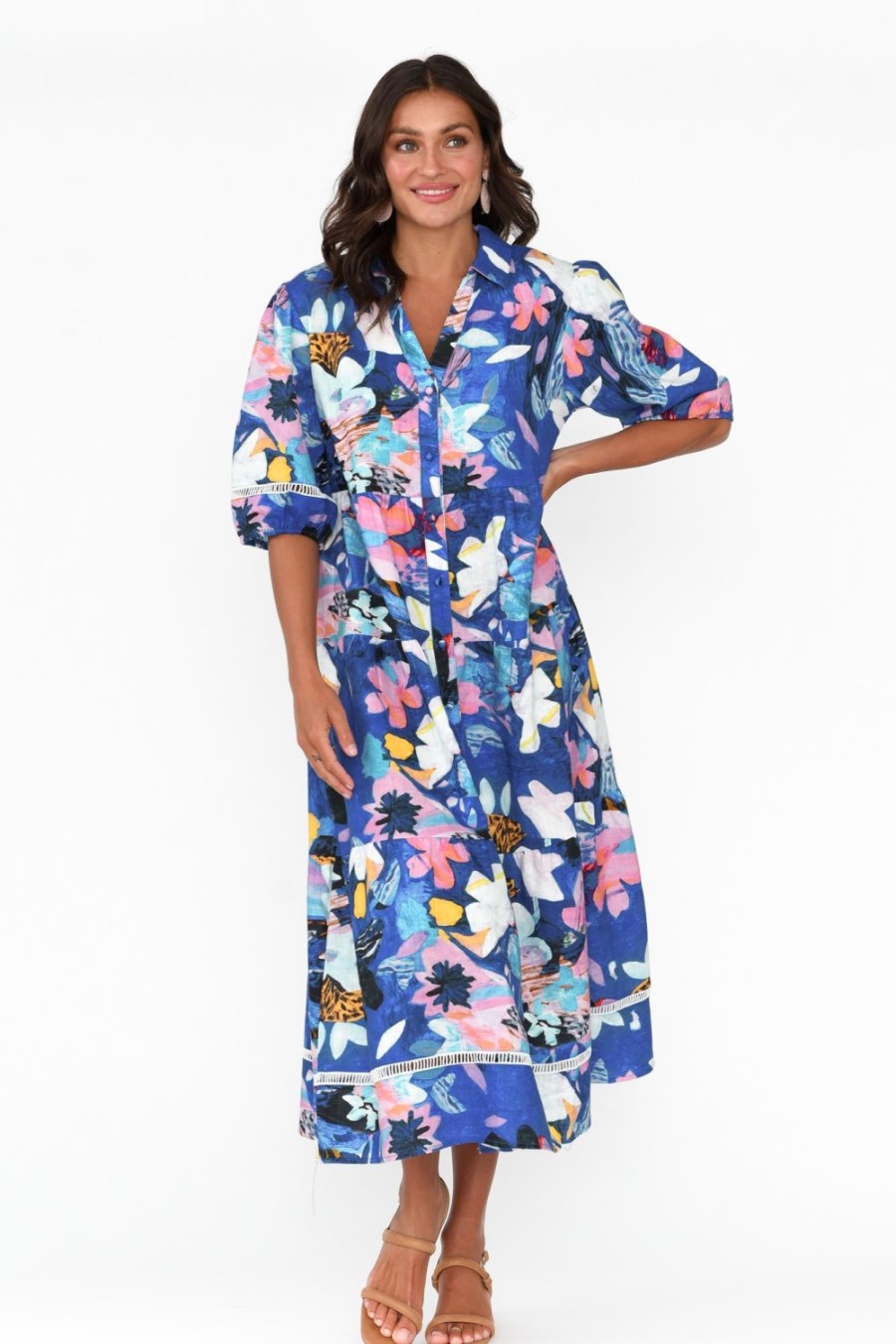 Clothing Liberty Rose Cotton Dresses | Ives Cobalt Floral Linen Cotton Shirt Dress