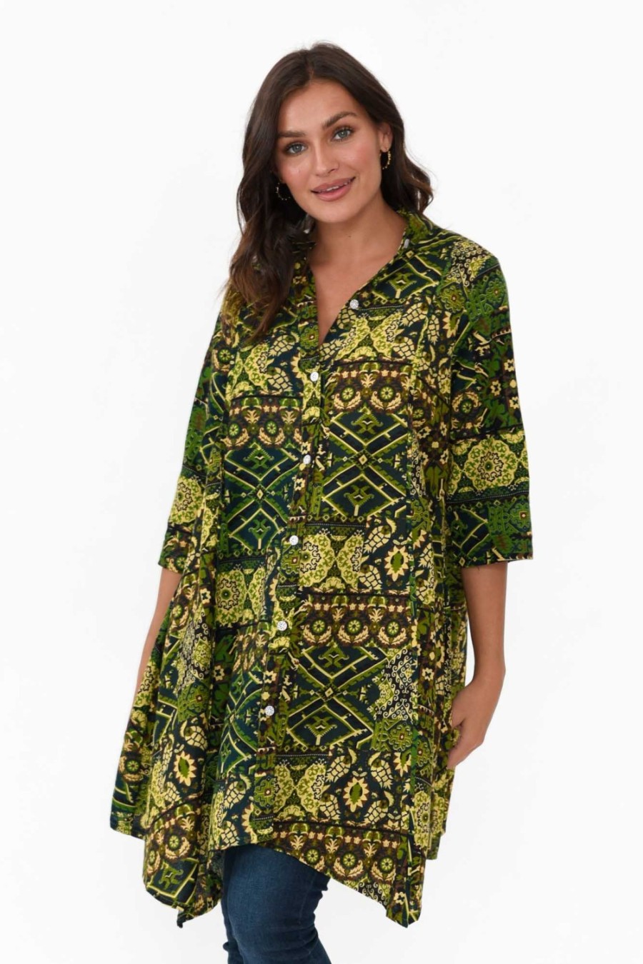 Clothing Hourglass Cotton Tops | Zora Green Diamond Cotton Linen Tunic