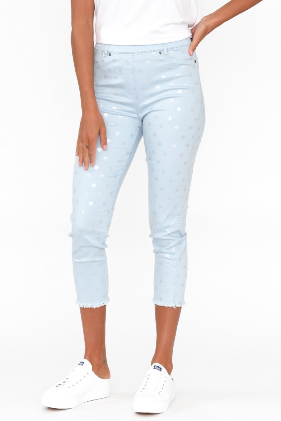 Clothing Cafe Latte Pants | Reed Blue Foil Spot Cotton Capri Pant