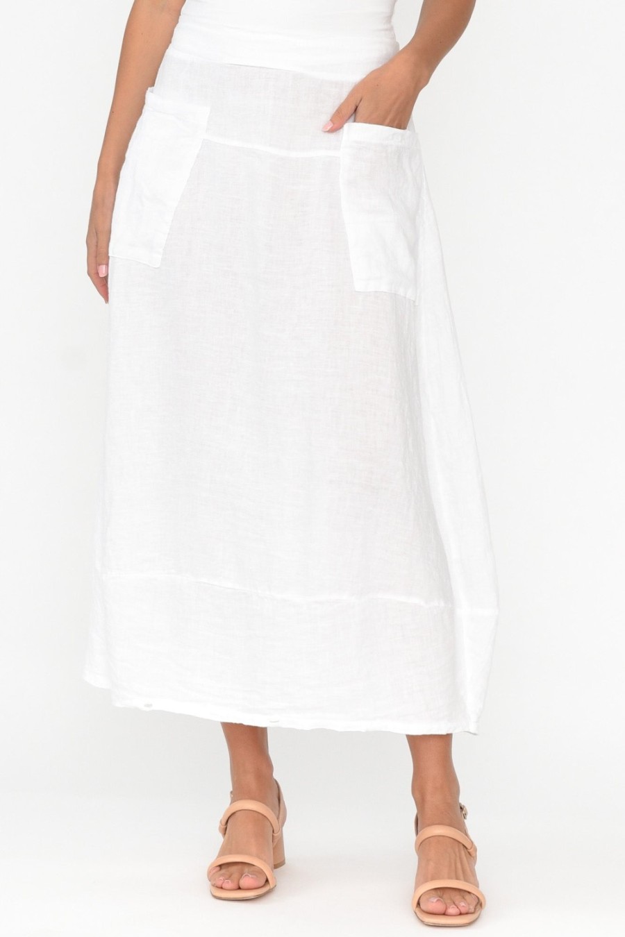 Clothing La Strada Skirts | Lisette White Linen Pocket Skirt