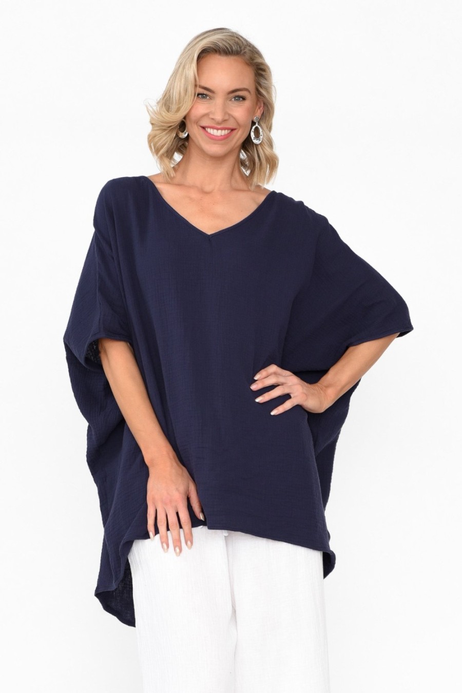 Clothing La Mode Cotton Tops | Maida Navy Cotton V Neck Top