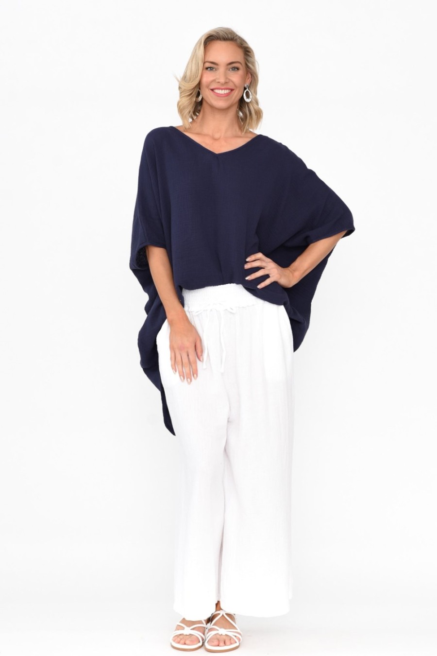 Clothing La Mode Cotton Tops | Maida Navy Cotton V Neck Top