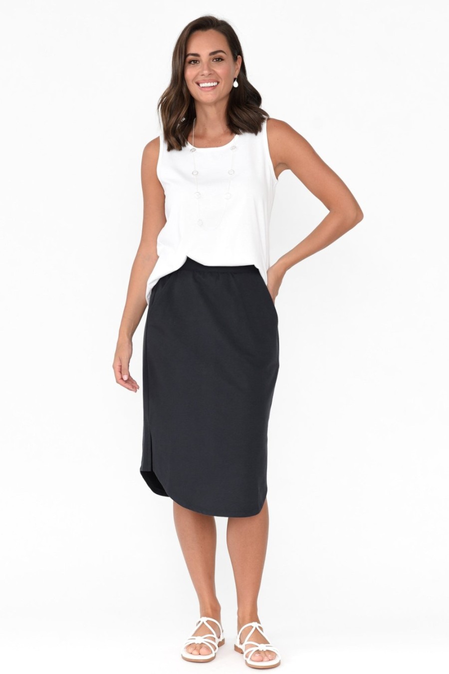 Clothing Betty Basics Skirts | Evie Charcoal Cotton Blend Skirt