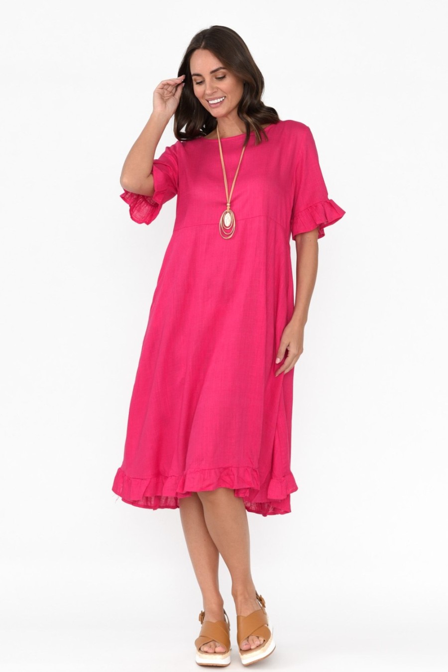 Clothing Ruby Rain Above Knee Dresses | Tamsen Hot Pink Linen Cotton Ruffle Dress