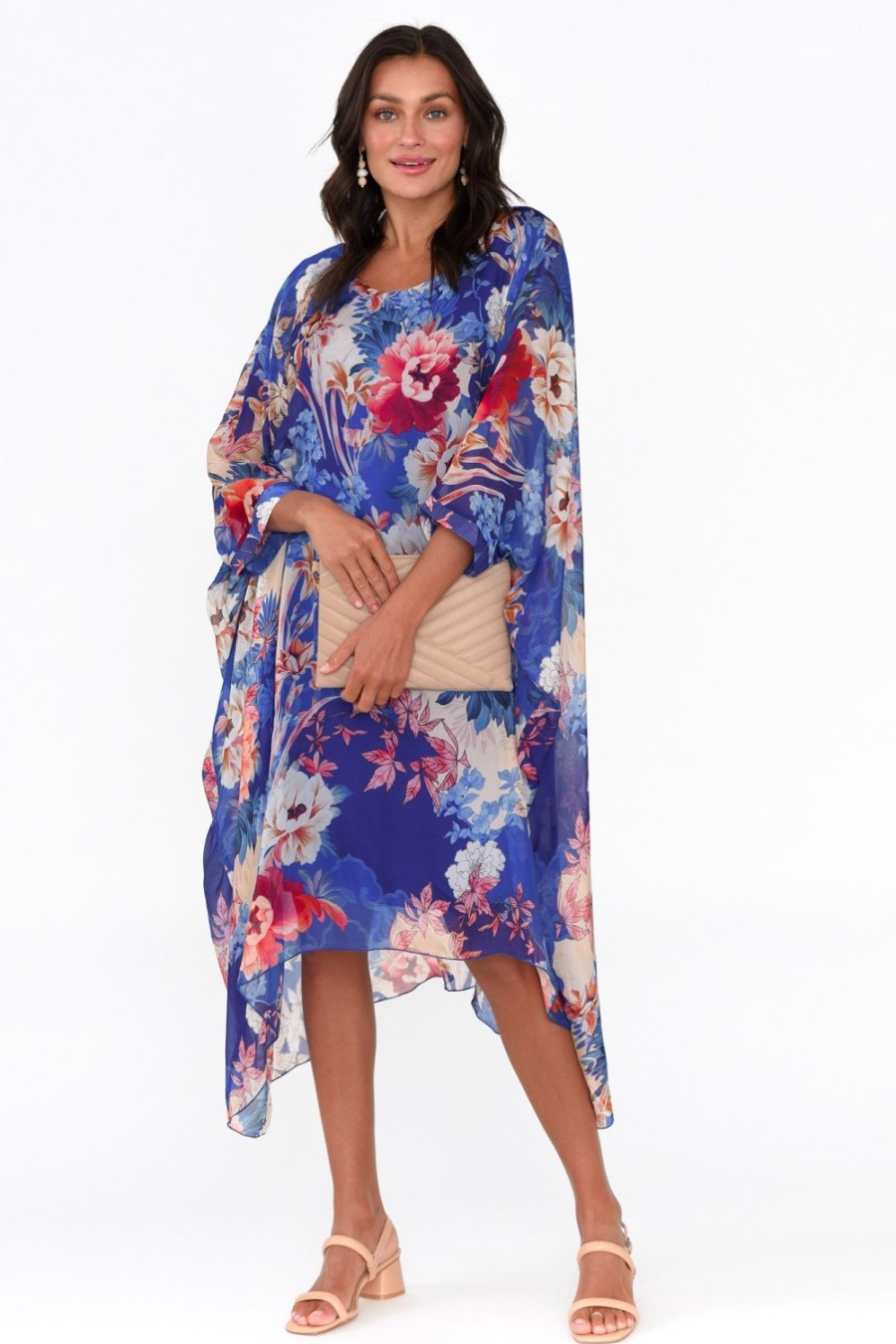 Clothing AE Luxe Below Knee Dresses | Marybeth Cobalt Floral Silk Kaftan