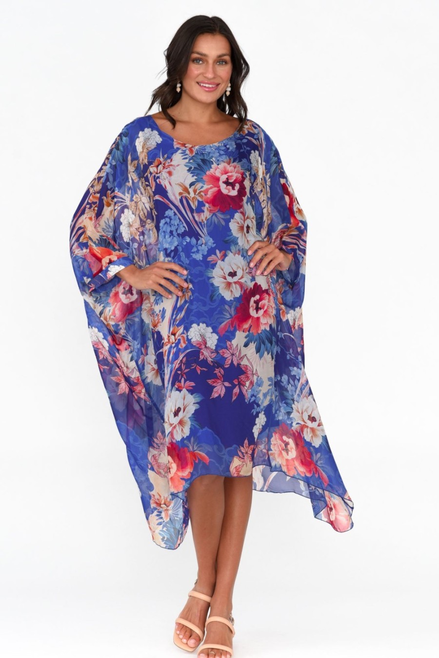 Clothing AE Luxe Below Knee Dresses | Marybeth Cobalt Floral Silk Kaftan