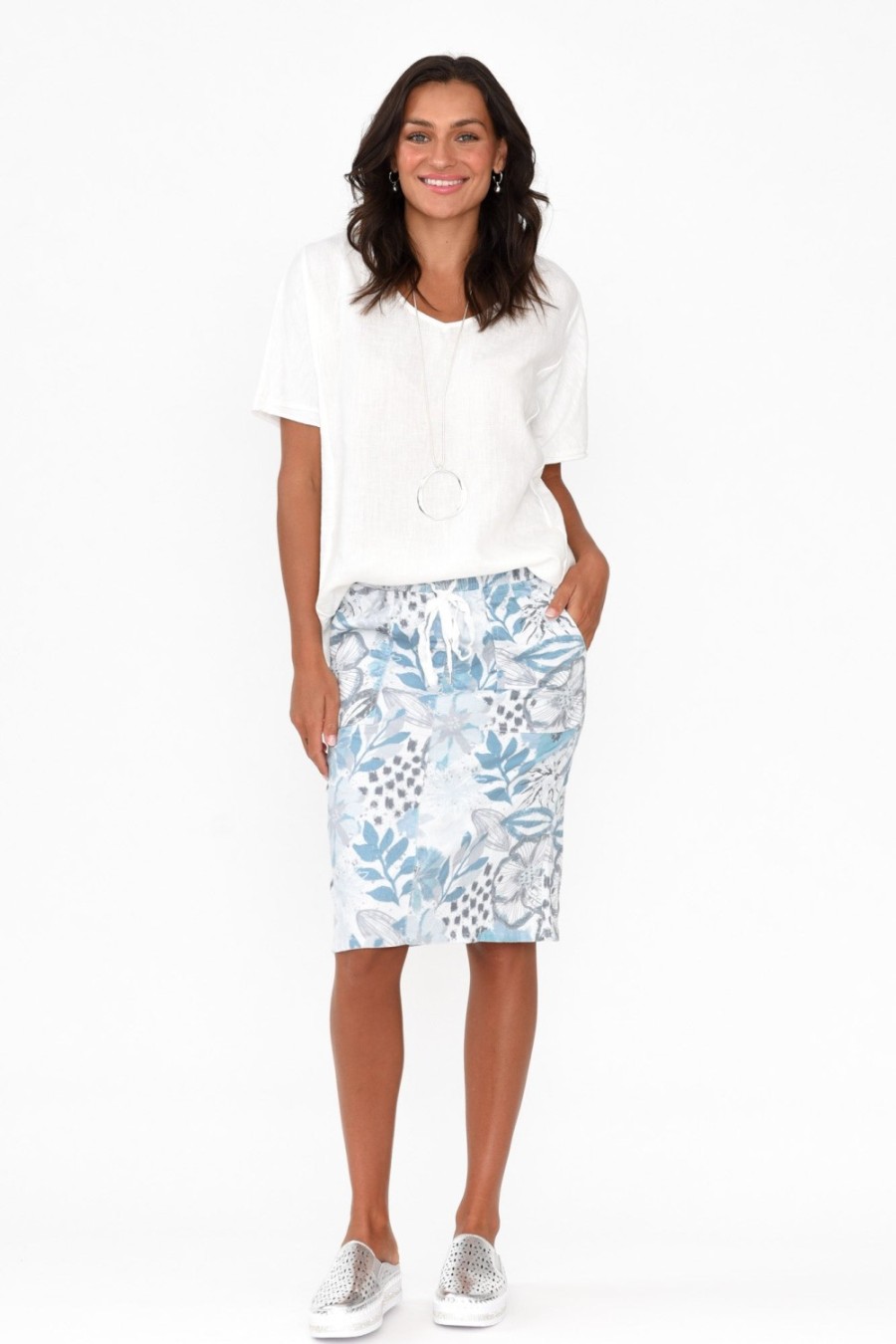 Clothing Cafe Latte Skirts | Julissa Blue Floral Drawstring Skirt