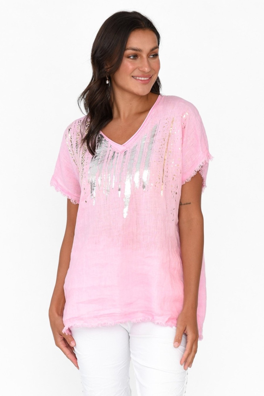 Clothing La Strada Linen Tops | Benita Pink Foil Linen Top