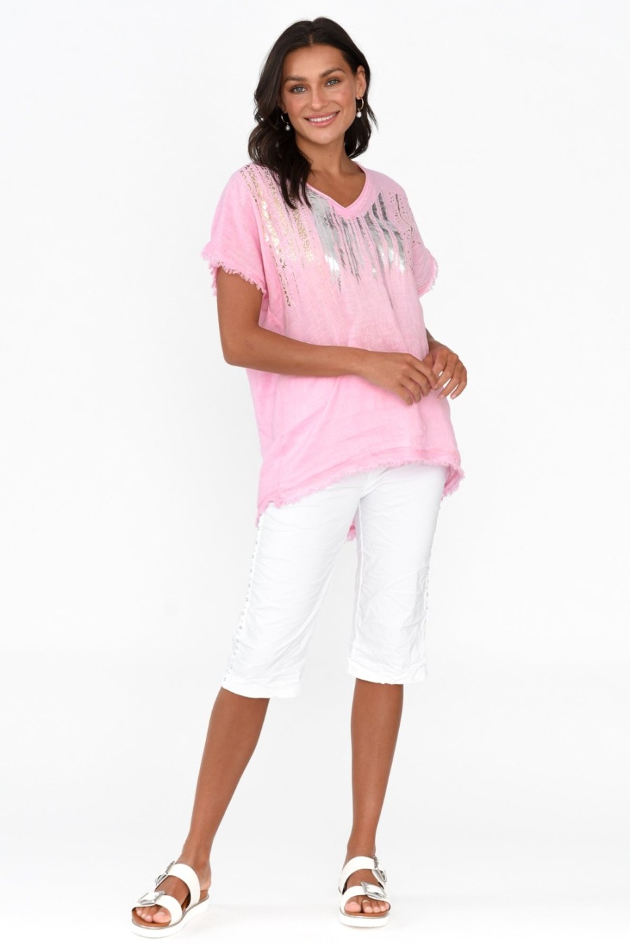 Clothing La Strada Linen Tops | Benita Pink Foil Linen Top