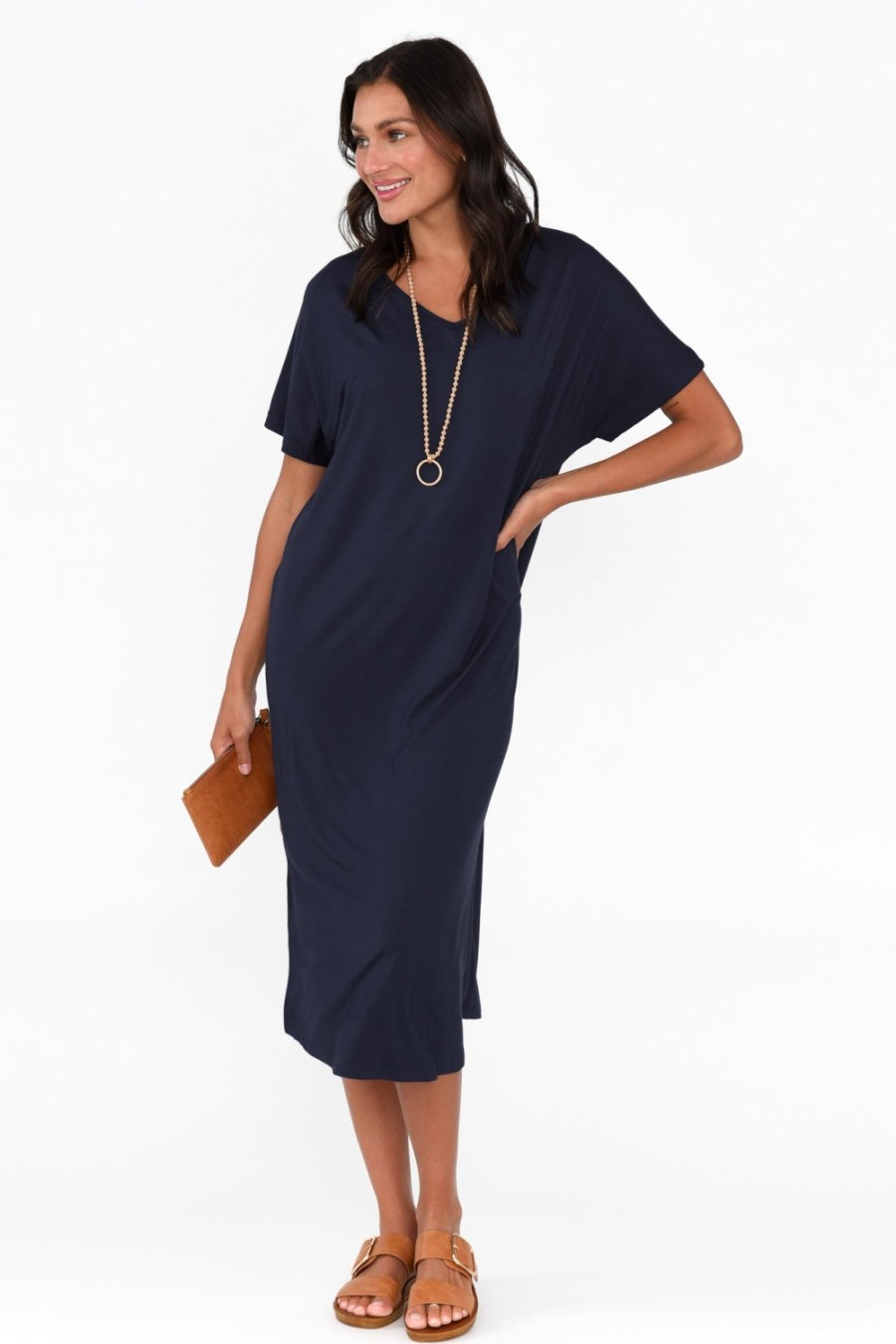 Clothing Pq Midi Dresses | Dennis Navy Bamboo V Neck Dress