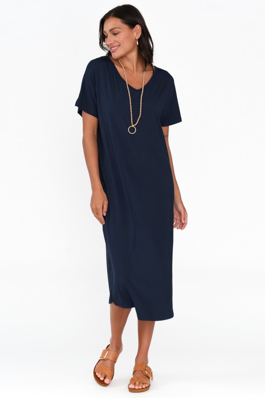 Clothing Pq Midi Dresses | Dennis Navy Bamboo V Neck Dress