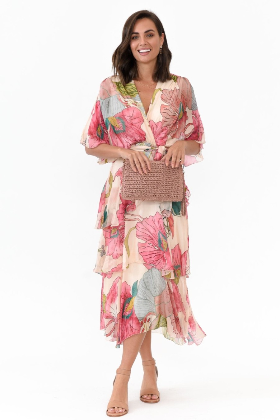 Clothing La Strada Midi Dresses | Natalie Pink Flower Silk Layer Dress