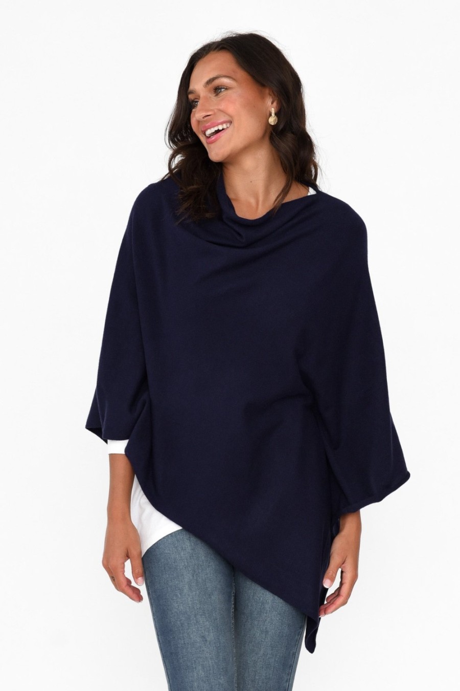 Clothing Zura Ponchos | Amy Midnight Blue Wool Blend Poncho