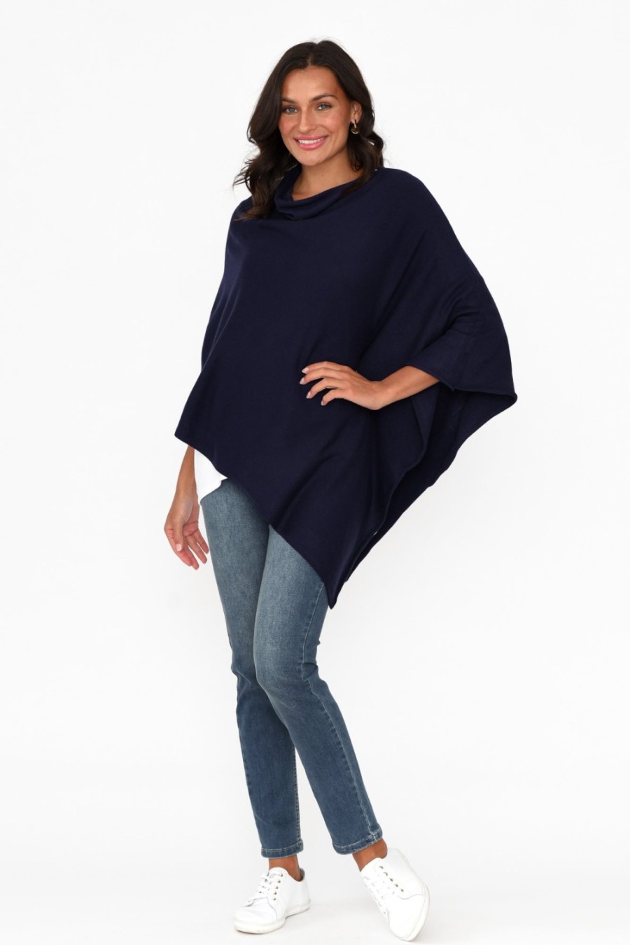 Clothing Zura Ponchos | Amy Midnight Blue Wool Blend Poncho