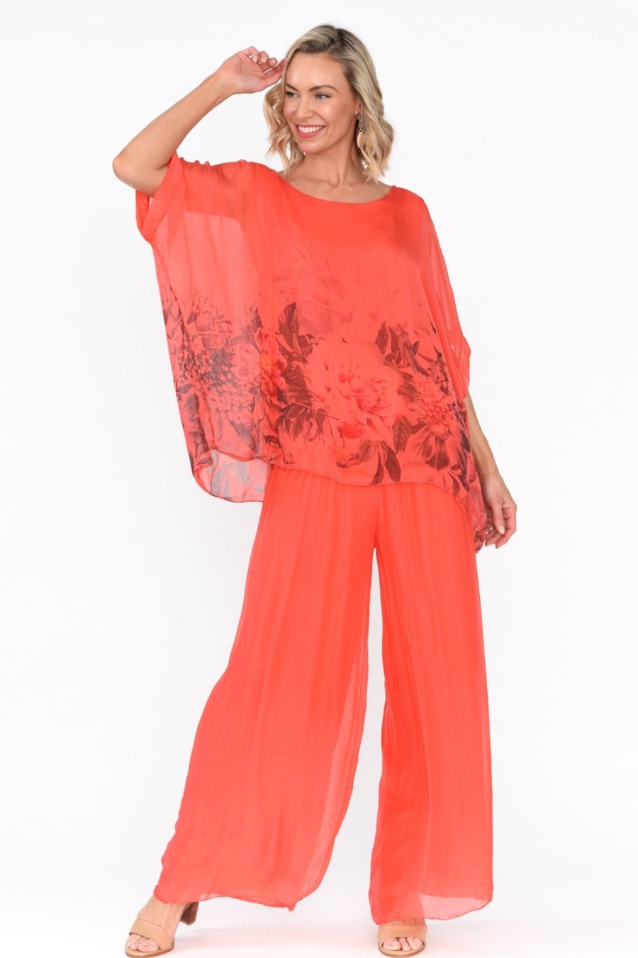 Clothing Fabuler Pants | Vernon Coral Silk Wide Leg Pant