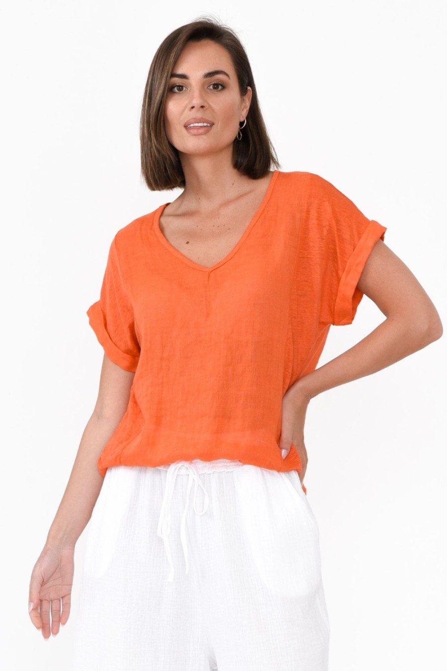 Clothing Talia Benson Linen Tops | Effie Orange Linen Tee