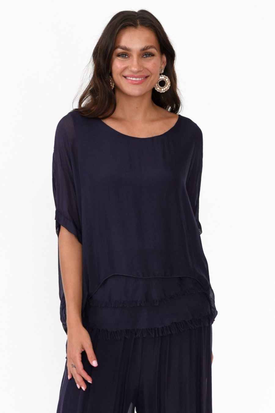 Clothing La Strada Sleeved Tops | Talia Navy Silk Layer Top