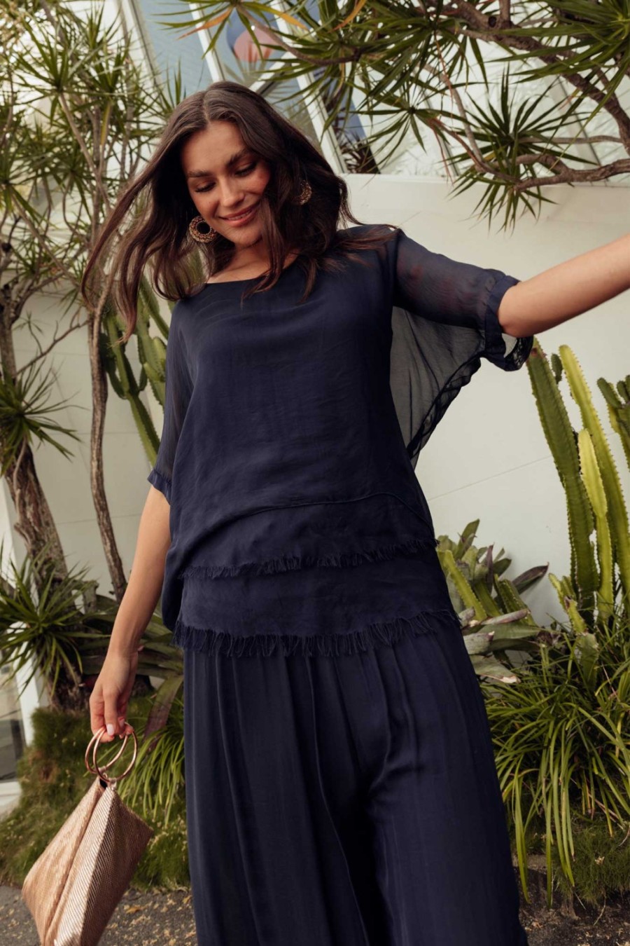 Clothing La Strada Sleeved Tops | Talia Navy Silk Layer Top