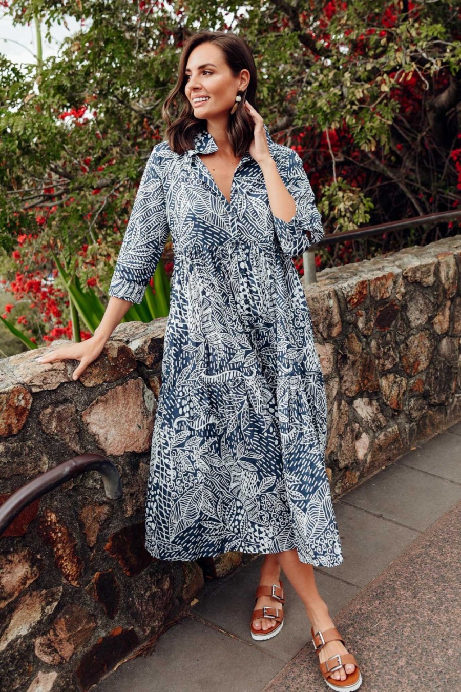 Clothing Orientique Cotton Dresses | Leros Navy Jungle Organic Cotton Shirt Dress