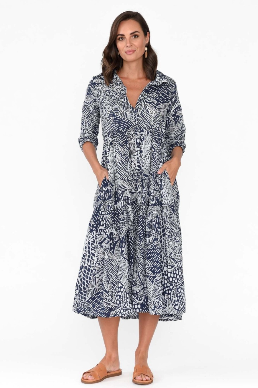 Clothing Orientique Cotton Dresses | Leros Navy Jungle Organic Cotton Shirt Dress