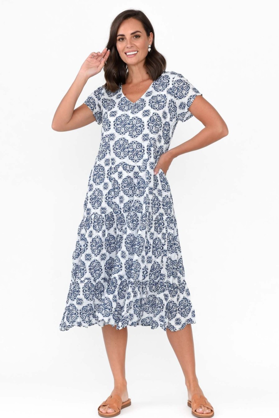 Clothing Namastai Cotton Dresses | Carmen Navy Fiesta Crinkle Cotton Dress