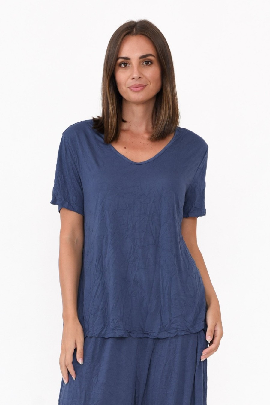 Clothing Cotton Village Cotton Tops | Marley Navy Crinkle Cotton Short Sleeve Top