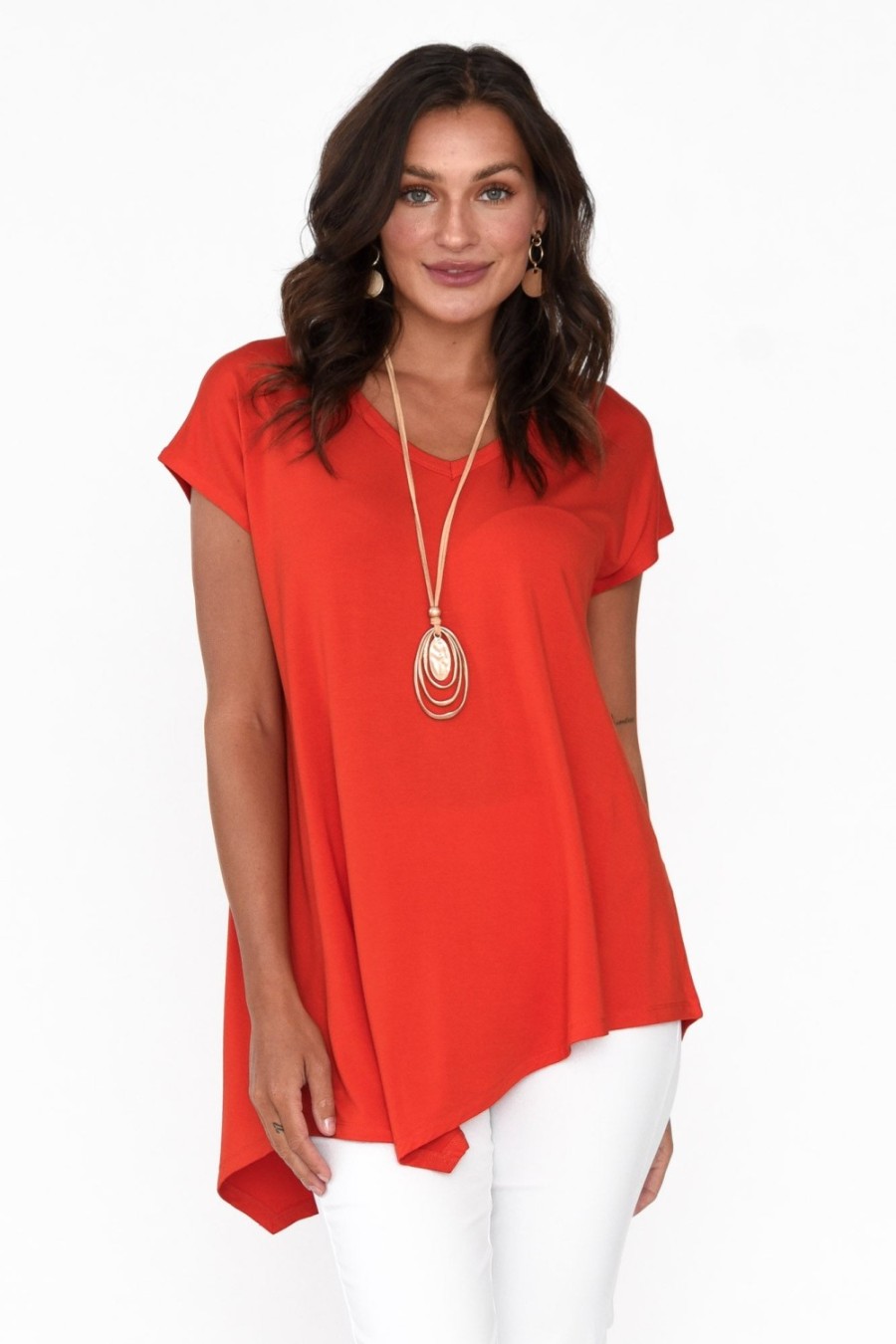 Clothing Lou Lou Sleeved Tops | Holiday Red Asymmetrical Bamboo Tee