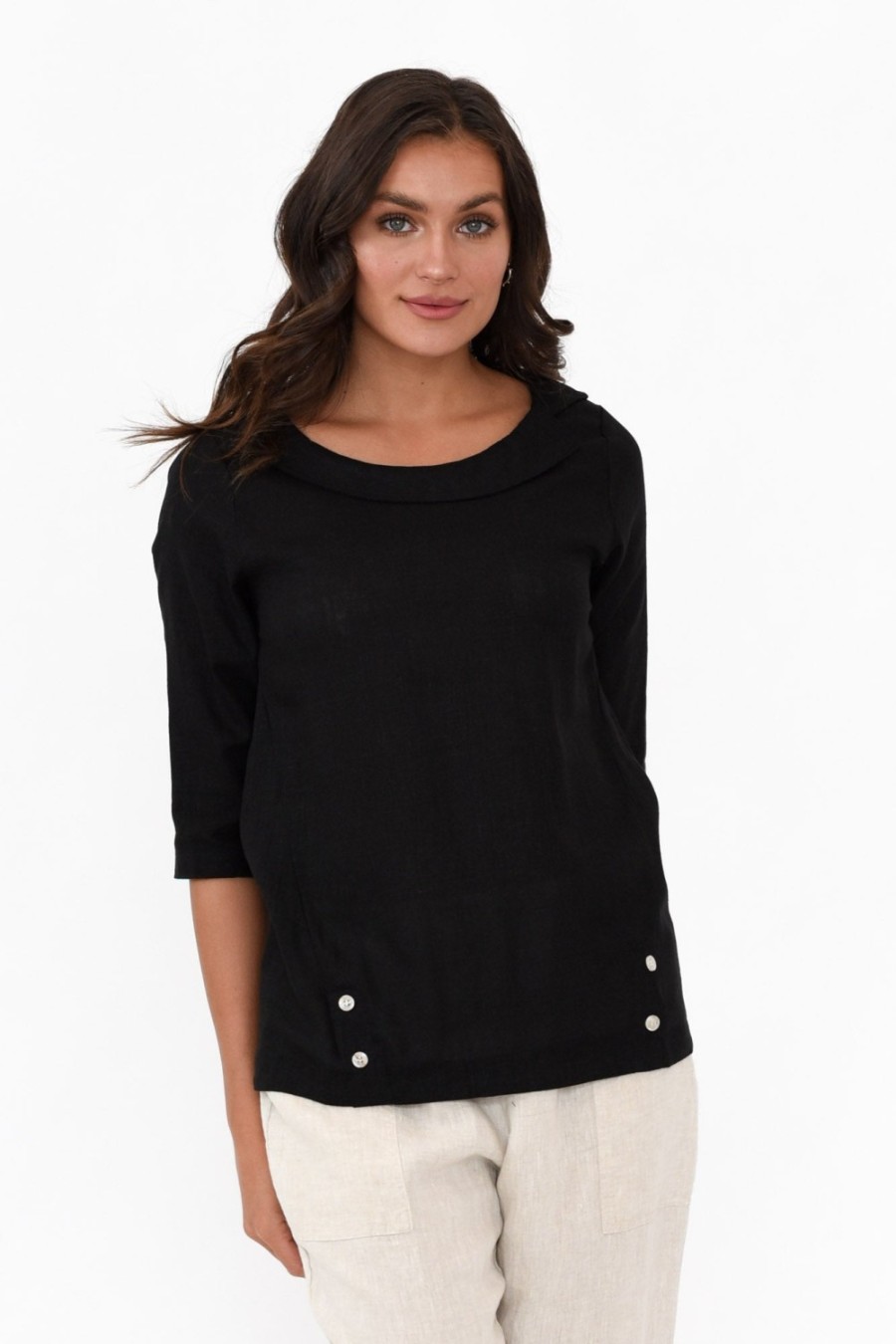 Clothing Hourglass Linen Tops | Alex Black Linen Cotton Collared Top