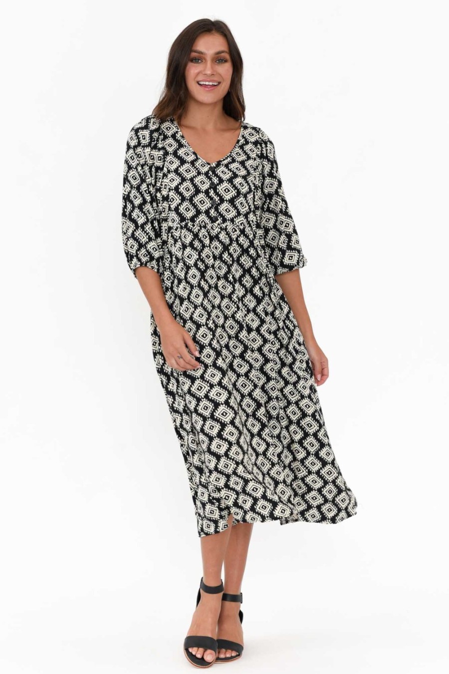 Clothing Willow Tree Midi Dresses | Trey Black Geo Midi Dress