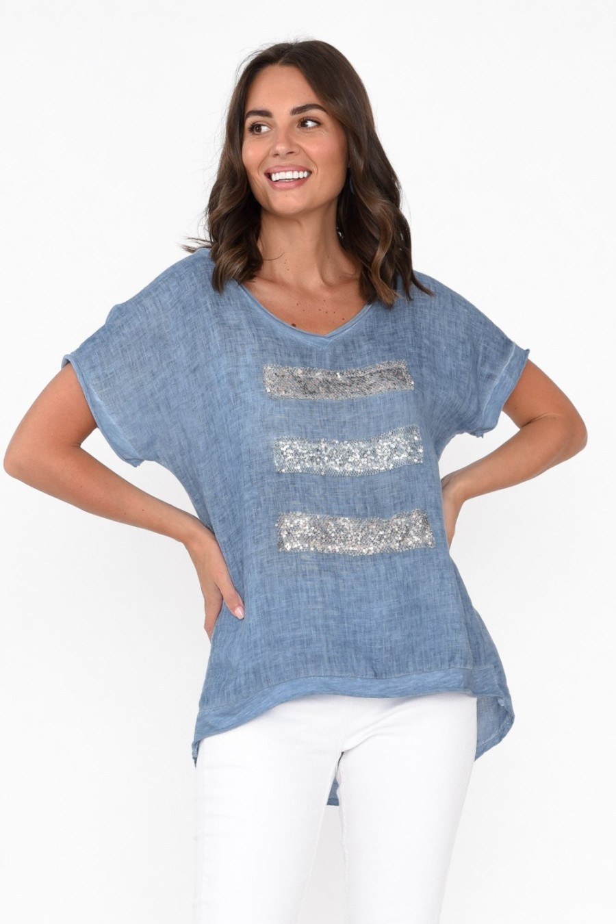 Clothing La Strada Linen Tops | Maryellen Blue Sequin Linen Top