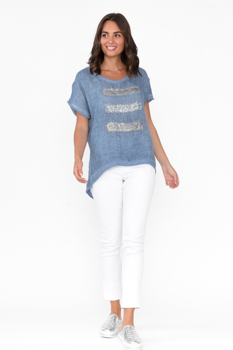 Clothing La Strada Linen Tops | Maryellen Blue Sequin Linen Top