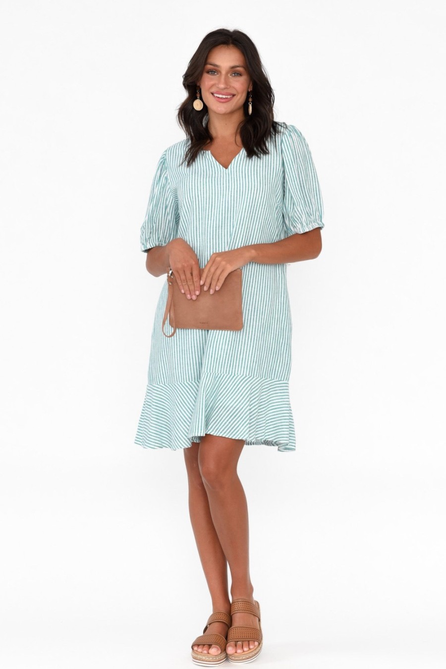 Clothing Betty Basics Linen Dresses | Birdie Teal Stripe Linen Blend Dress