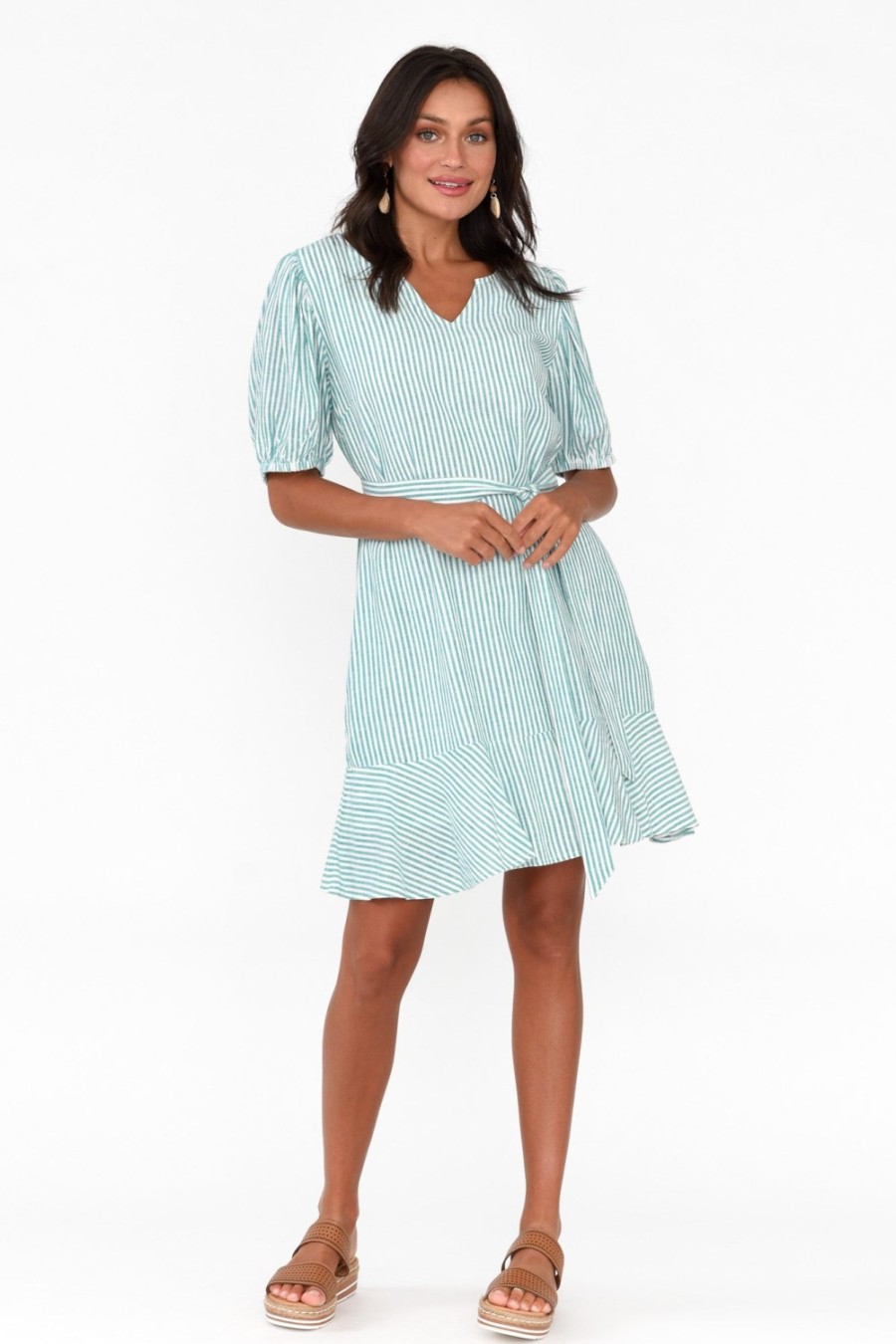 Clothing Betty Basics Linen Dresses | Birdie Teal Stripe Linen Blend Dress