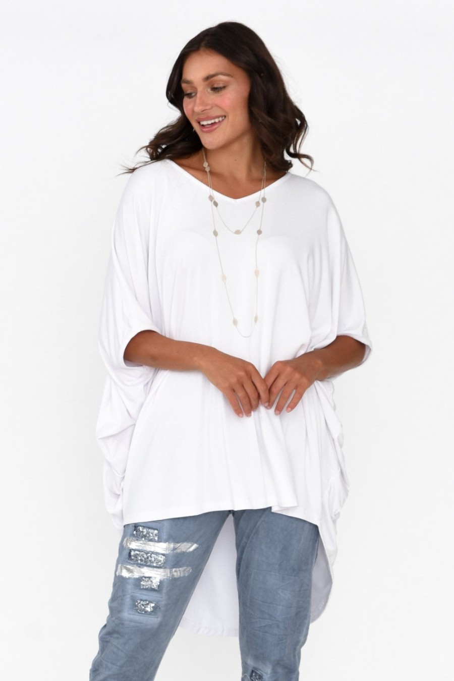 Clothing Pq Tunic Tops | Emory White Bamboo Batwing Top