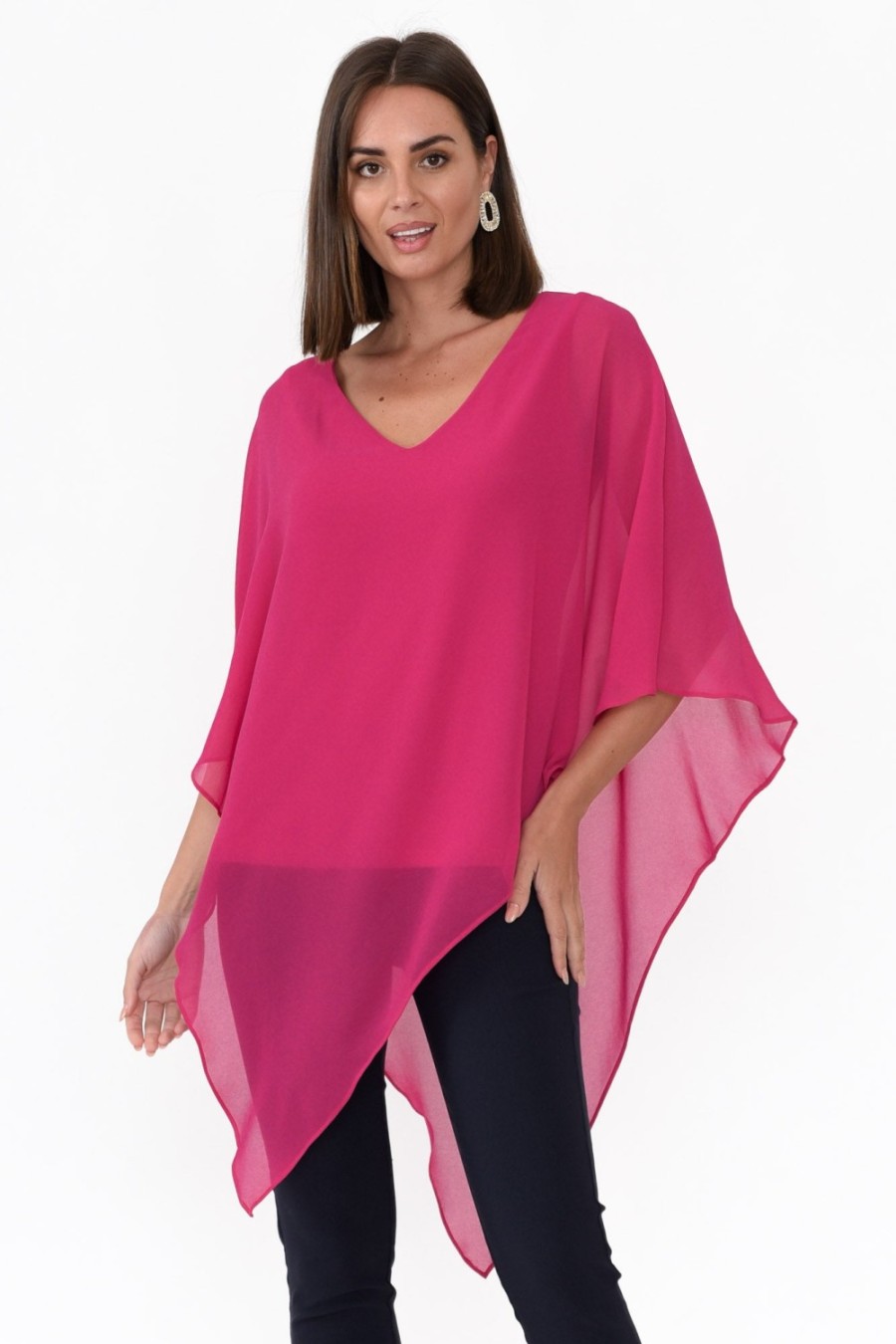 Clothing Four Girlz Sleeved Tops | Adaline Hot Pink Asymmetric Draped Top