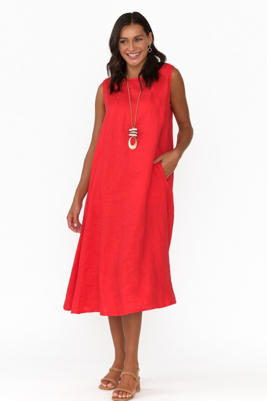 Clothing Tirelli Midi Dresses | Brielle Red Linen Dress