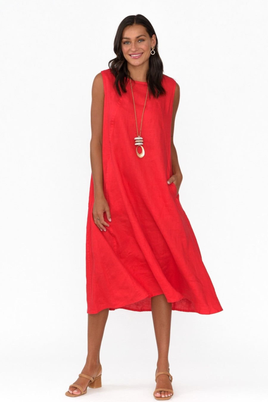 Clothing Tirelli Midi Dresses | Brielle Red Linen Dress