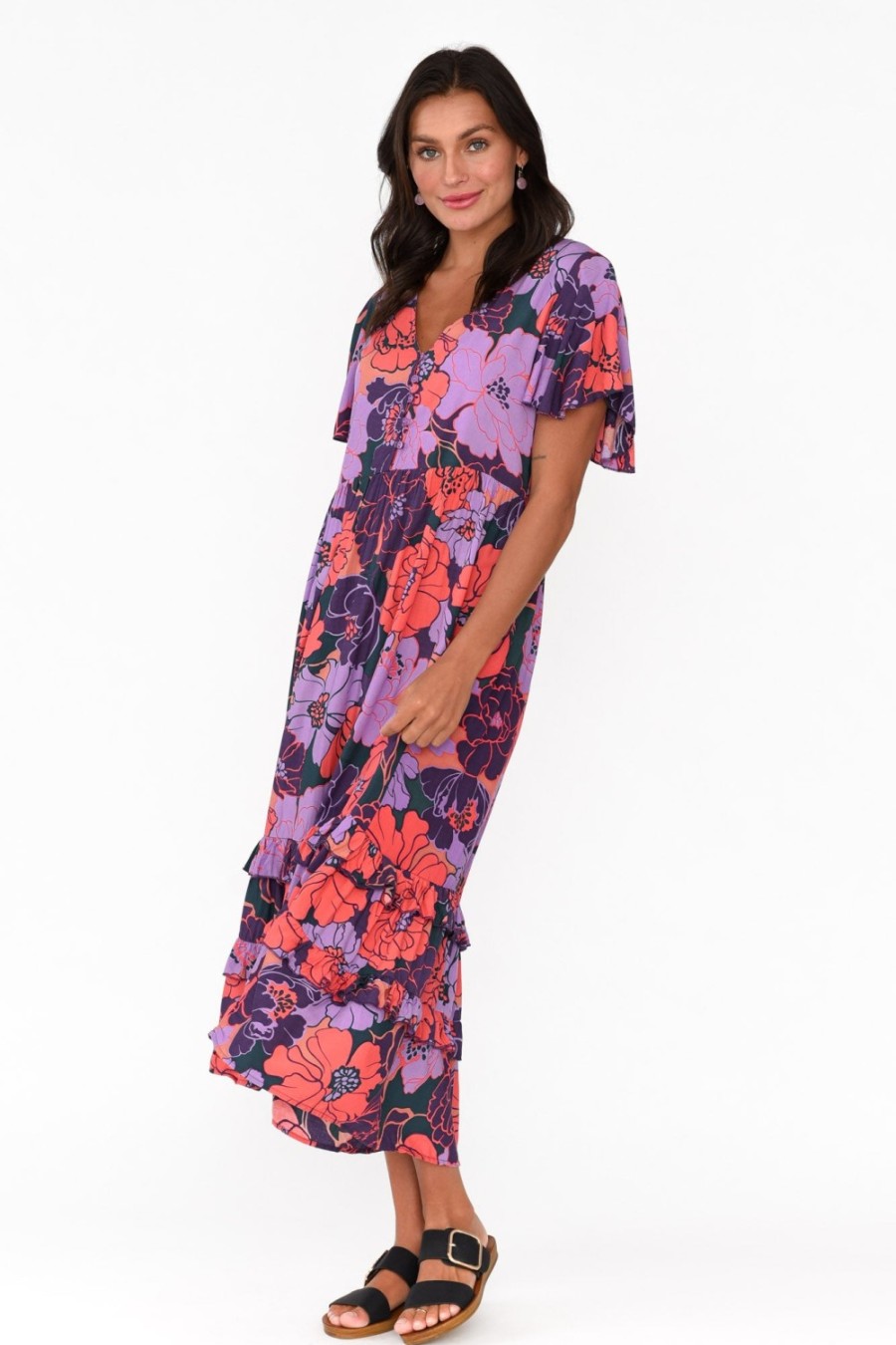 Clothing New U Collection Midi Dresses | Akira Purple Flower Button Tier Dress