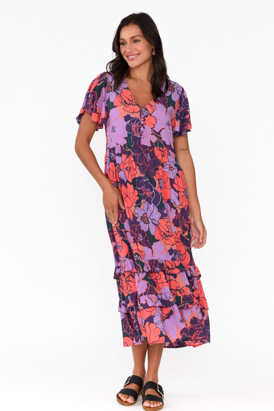 Clothing New U Collection Midi Dresses | Akira Purple Flower Button Tier Dress