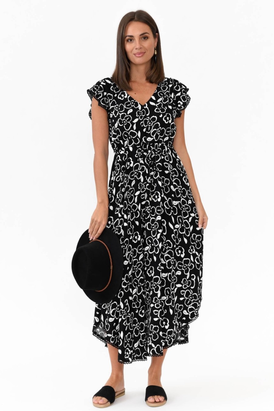 Clothing New U Collection Midi Dresses | Libby Black Flower Midi Dress