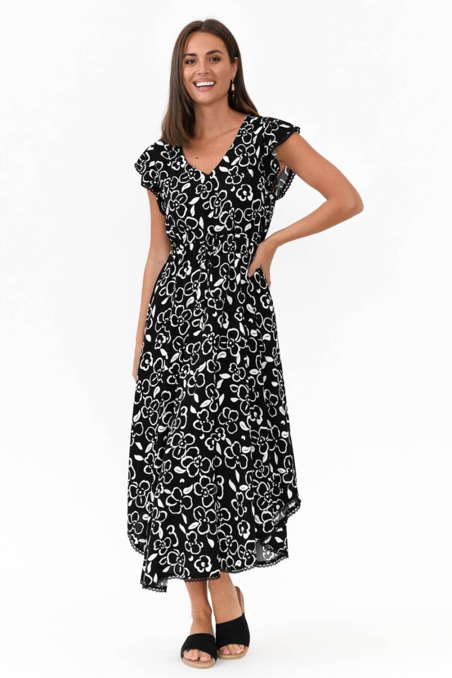 Clothing New U Collection Midi Dresses | Libby Black Flower Midi Dress